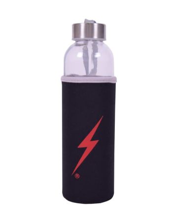 Botella de agua reutilizable de cristal Lightning Bolt Forever en negro con logo rojo