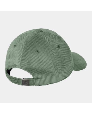 Gorra de pana verde Carhartt WIP Harlem Cap Park-Wax con logo bordado blanco cera y visera curva