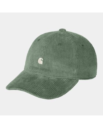 Gorra de pana verde Carhartt WIP Harlem Cap Park-Wax con logo bordado blanco cera y visera curva