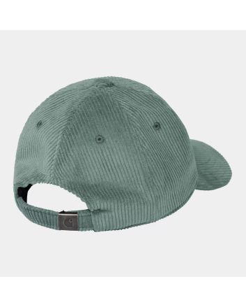 Gorra de pana Carhartt WIP Harlem Cap en color verde Silver Pine con logo bordado blanco cera Unisex