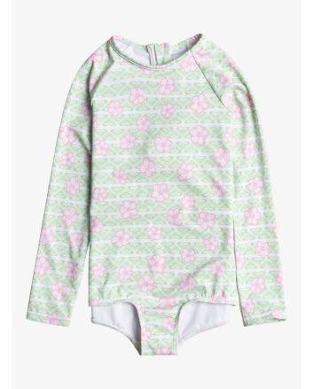 Licra de manga larga con protección solar UPF 50+ Hibiline Onesie Blanco y Verde Floral para niñas de 2 a 7 años