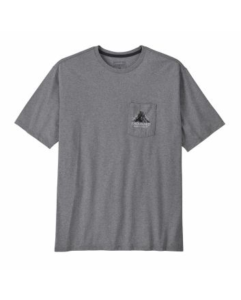 Camiseta de manga corta gris Patagonia Chouinard Crest Pocket Tee para hombre con gráfico de montaña
