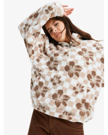 Mujer con Forro polar con media cremallera Roxy Jive Talking Bonded Blanco con estampado a cuadros y flores marrones