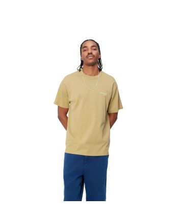 Hombre con camiseta de manga corta Carhartt WIP Script 
 Embroidery Beige con logo Blanco