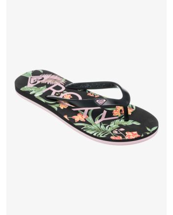 Chanclas Roxy Tahiti ARJL100869-BL0 mujer, vista superior, plantilla con estampado floral tropical y logotipo Roxy moldeado en la correa