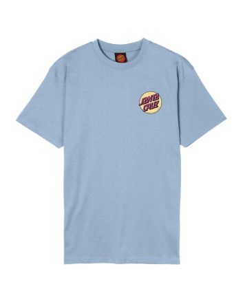 Camiseta Santa Cruz Wagon Dot Chest azul con logo rosa y fondo madera estampado en la espalda