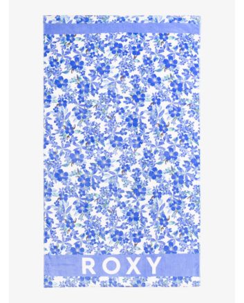 Toalla Roxy Cold Water Printed azul con flores sobre fondo blanco y logo serigrafiado 