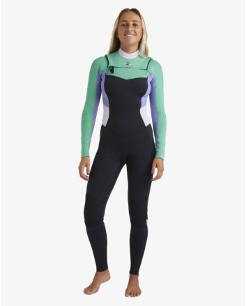 Mujer con traje de neopreno con cremallera en el pecho Billabong Salty Dayz Natural 4/3mm Aqua Haze