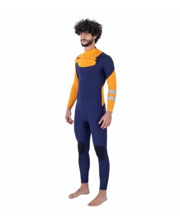 Hombre con traje de neopreno con cremallera en el pecho Hurley Advant 4/3mm Fullsuit Azul Marino y Naranja