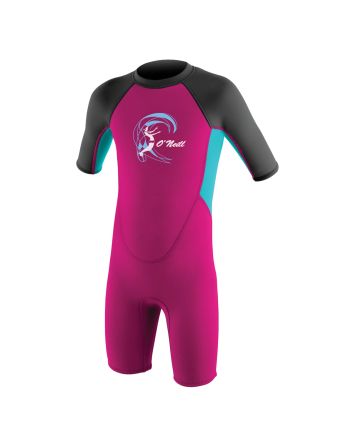 Traje de surf corto con cremallera en la espalda O'Neill Toddler Reactor II 2mm SS Spring Girl en Fucsia, aguamarina y gris grafito para niñas de 1 a 6 años