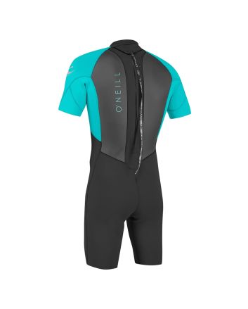 Traje de neopreno corto O'Neill Youth Reactor 2/2mm Back ZIp Spring color negro y aguamarina para niño/a