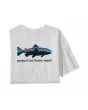 Camiseta orgánica para hombre Patagonia Home Water Trout blanca doblada mostrando gráfico trucha y mensaje ecológico