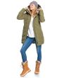 Mujer con chaqueta de capucha impermeable Roxy Ellie Jacket verde oliva frontal