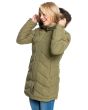 Mujer con chaqueta de capucha impermeable Roxy Ellie Jacket verde oliva izquierda