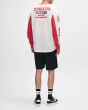 Hombre con Camiseta motera Deus Ex Machina Step Out Moto Jersey Blanco-Rojo espalda
