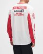 Hombre con Camiseta motera Deus Ex Machina Step Out Moto Jersey Blanco-Rojo posterior