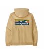 Sudadera con capucha Patagonia Boardshort Logo Uprisal Hoody unisex en color amarillo Beeswax Tan, vista trasera con gráfico surf y logo