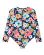 Licra de protección solar tipo bañador Roxy Morning Flower Onesie azul floral para niña 2-7 años cremallera trasera