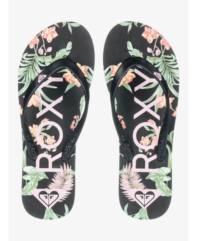 Chanclas Roxy Tahiti ARJL100869-BL0 mujer, vista superior, plantilla con estampado floral tropical y logotipo Roxy moldeado en la correa