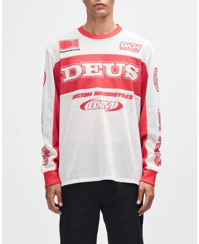 Hombre con Camiseta motera Deus Ex Machina Step Out Moto Jersey Blanco-Rojo