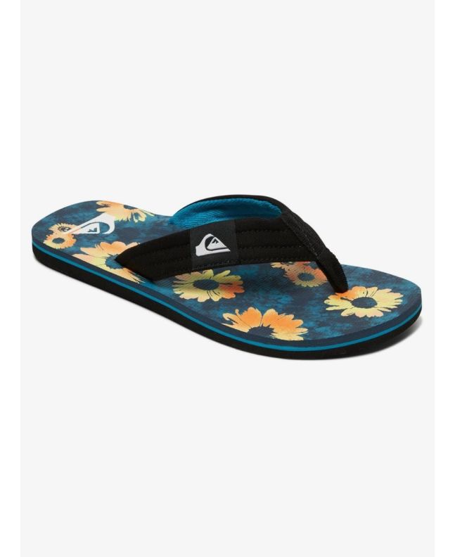 Chanclas Quiksilver Molokai Layback negras, azules y naranjas con estampado floral para hombre