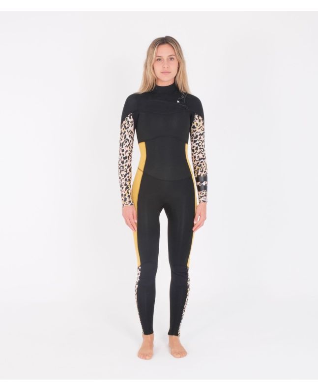 Mujer con traje de surf con cremallera en el pecho Hurley Advantage Plus 4/3mm negro y amarillo 