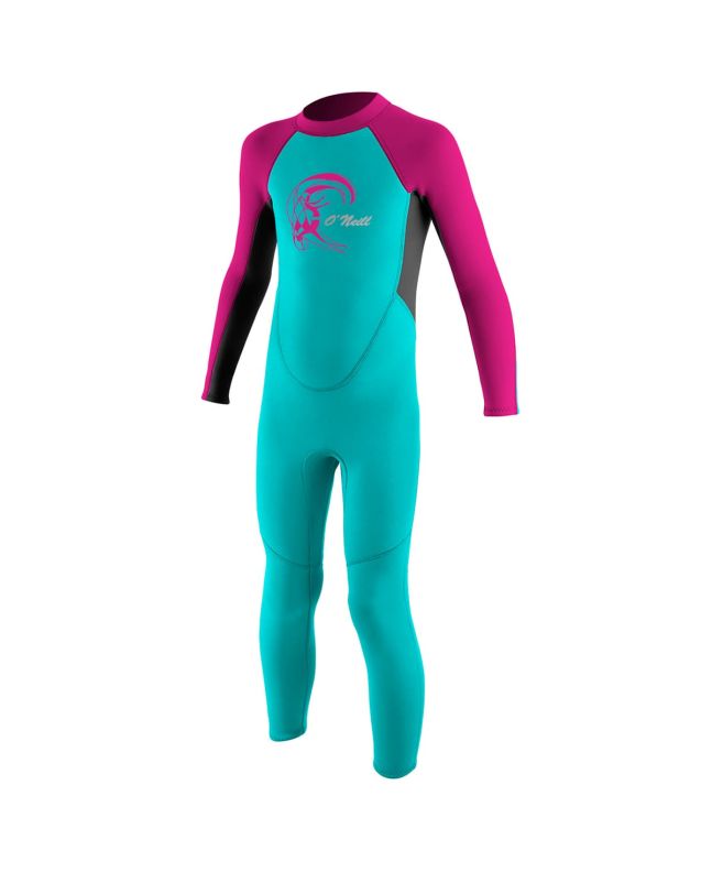 Traje de neopreno O'Neill Toddler Reactor-2 2mm para niña color aguamarina, gris y fucsia