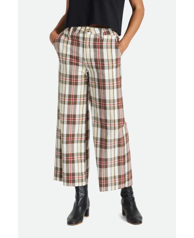 Mujer con Pantalón de pierna ancha Brixton Victory Wide Leg Blanco con cuadros marrones
