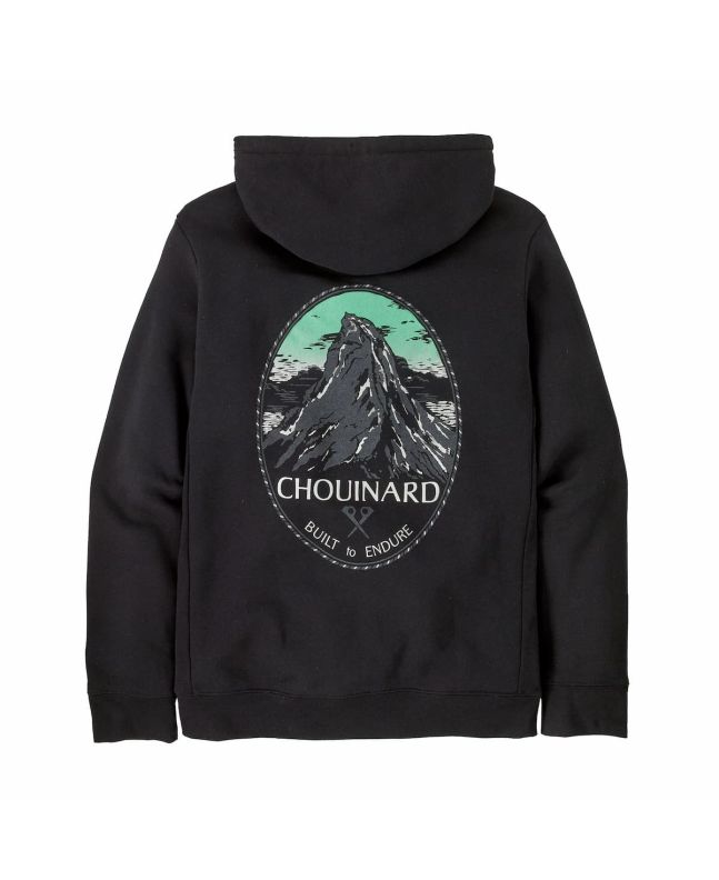 Sudadera con capucha Patagonia Chouinard Crest Uprisal negra vista trasera con gráfico de montaña