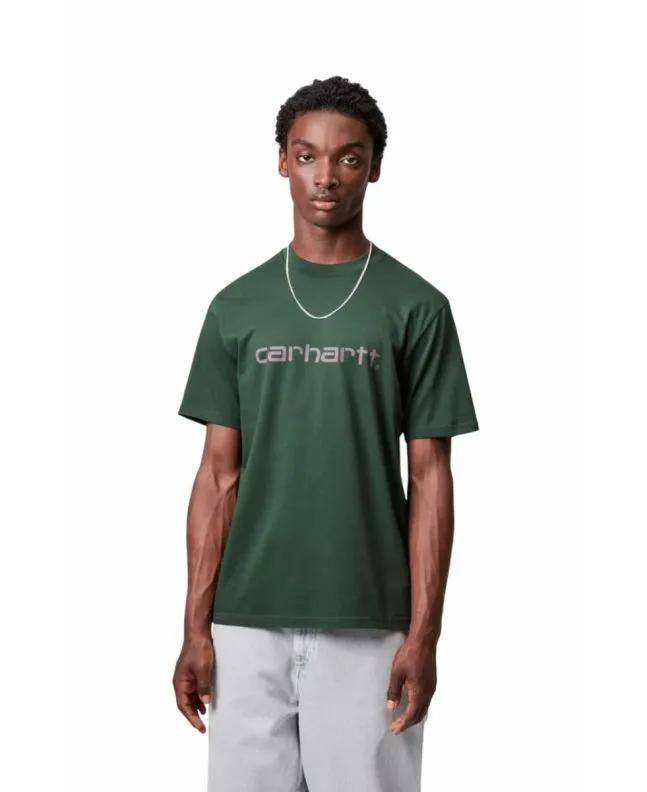 Hombre con Camiseta de manga corta Carhartt WIP Script Verde Sicomoro con logo morado