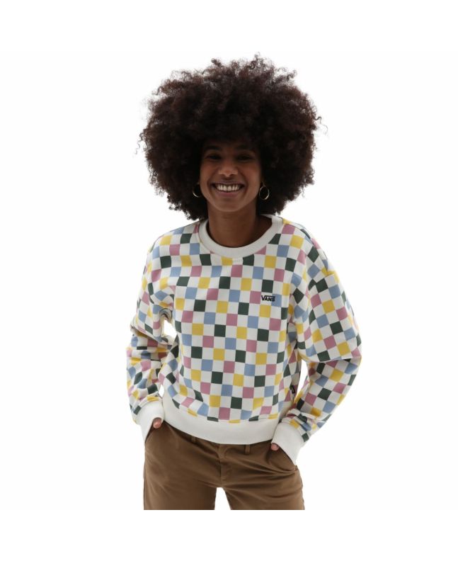 Mujer con sudadera Vans All Over Crew blanca con estampado a cuadros