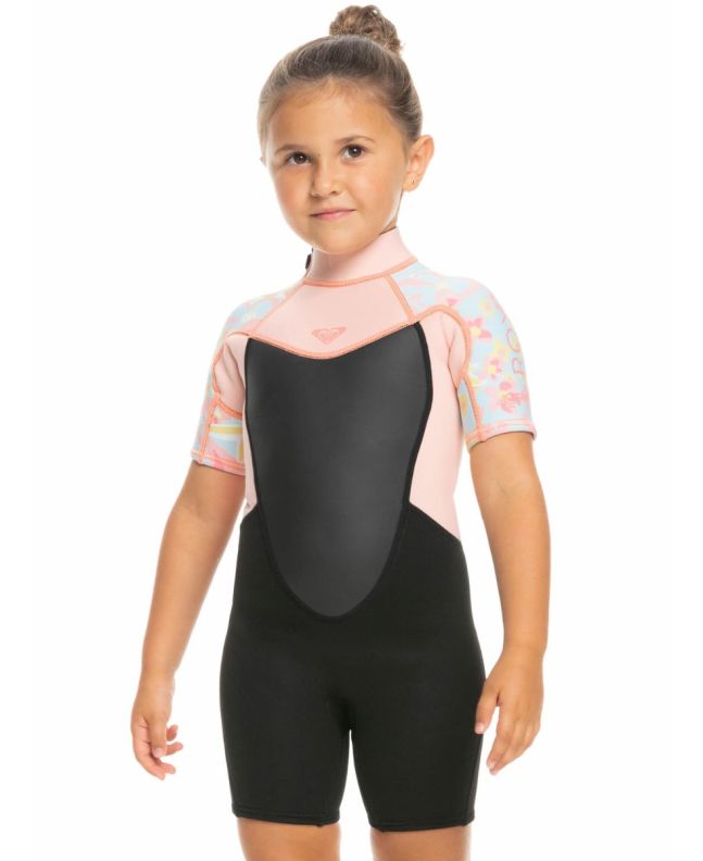 Niña con Traje de Surf de Primavera con Manga Corta y Cremallera en la Espalda 2/2mm Prologue Tiny 2-7 años Rosa Floral
