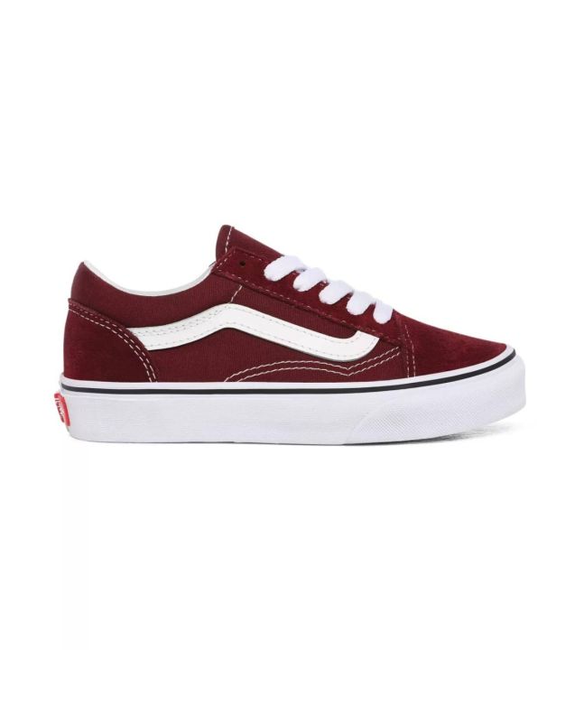 Zapatillas para niño Vans Old Skool en color granate y banda lateral sidestripe blanca derecha
