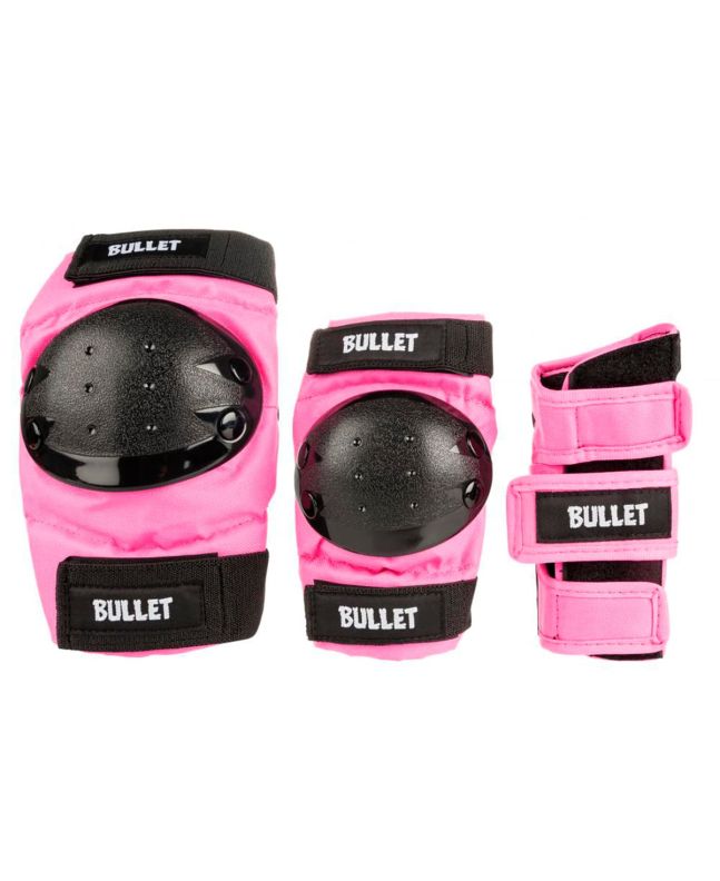 Juego Protecciones de Skate Bullet Triple Padset Standard Combo Junior Rosa Rodilleras Coderas y Muñequeras