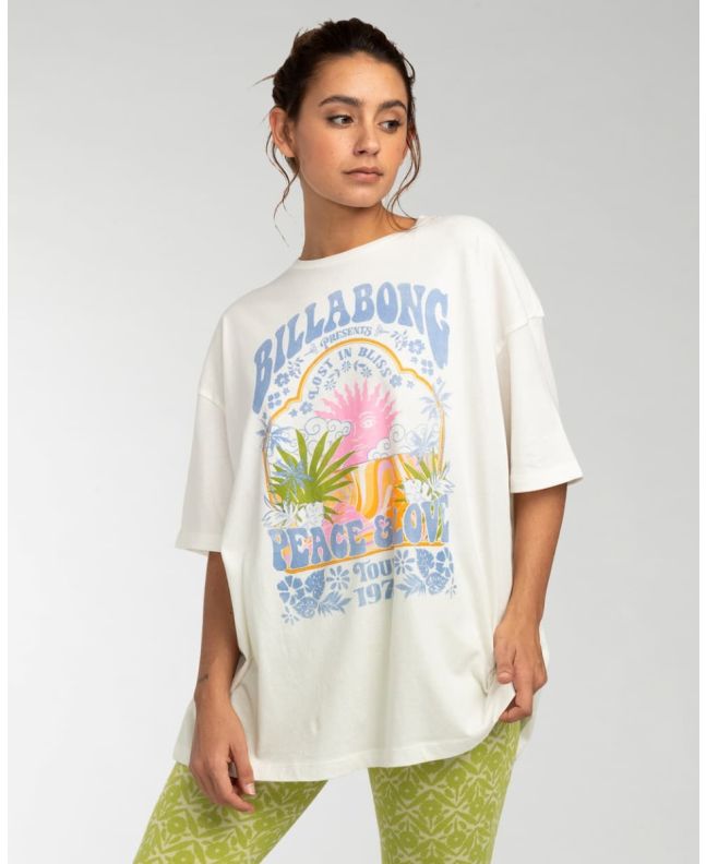 Mujer con camiseta holgada de manga corta Billabong Peace and Love blanca