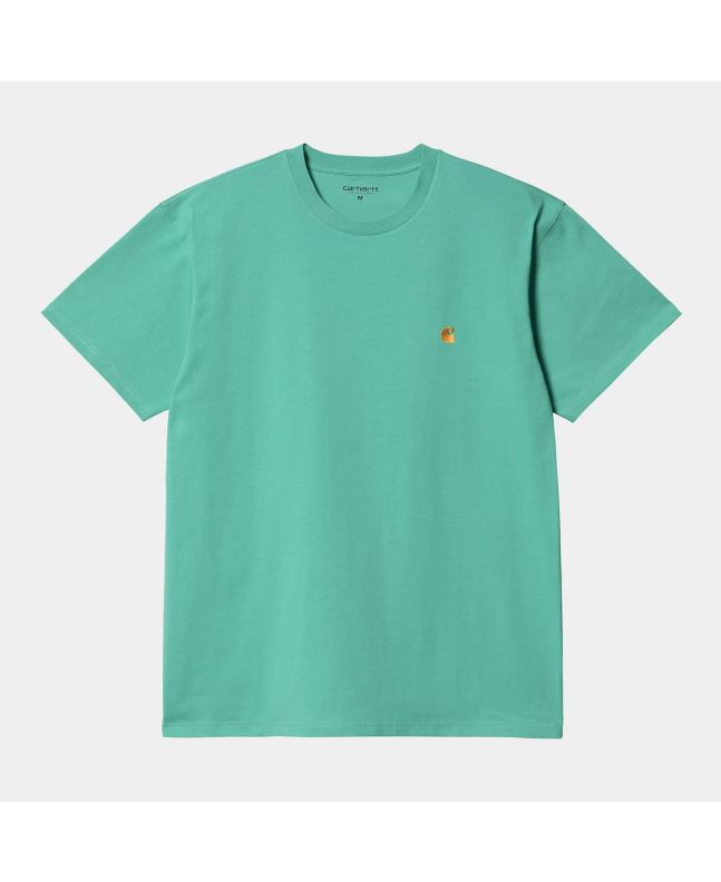 Camiseta de manga corta Carhartt WIP Chase S/S Turquesa con logo dorado para hombre