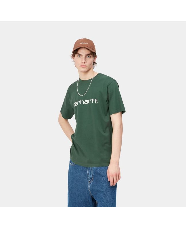 Hombre con camiseta de manga corta Carhartt WIP Script verde y blanca