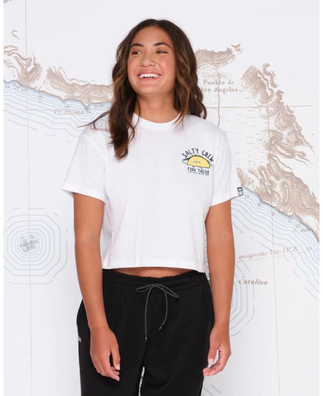 Mujer con camiseta cropped de manga corta Salty Crew Baja Fresh Skimmer blanca 