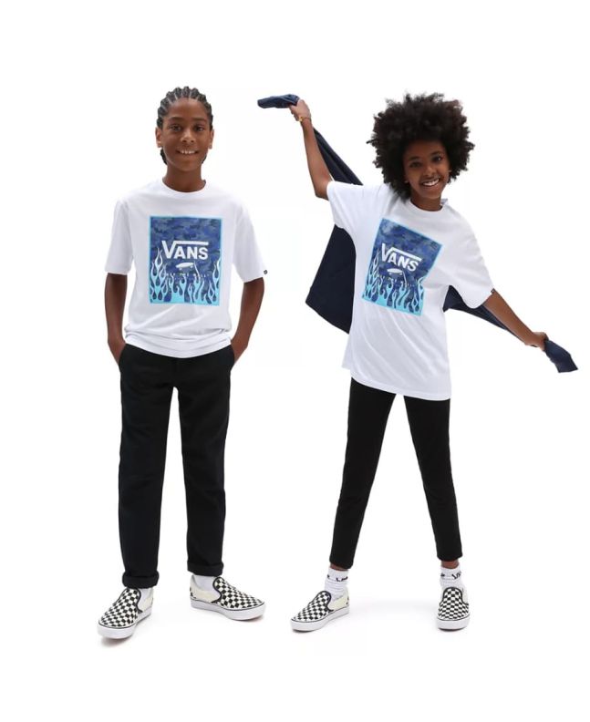 Niños con camiseta de manga corta Vans Print Box blanca con estampado de llamas y camuflaje azul 