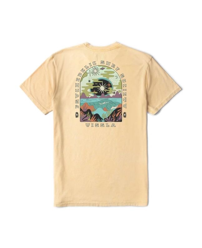 Camiseta Vissla Lucid Dreams Cosmic Wash en color amarillo con gráfico trasero psicodélico de inspiración surfera para hombre