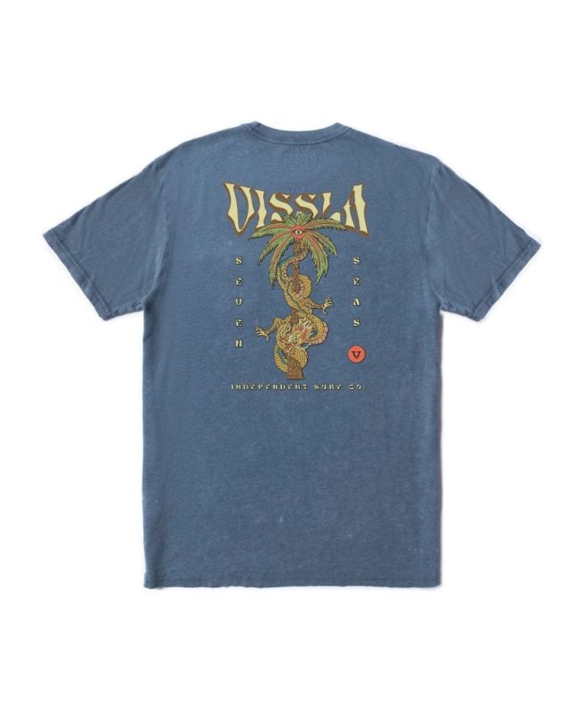 Camiseta Vissla Masters of Stoke Cosmic Wash en color azul con gráfico de dragón y palmera mística en la espalda para hombre