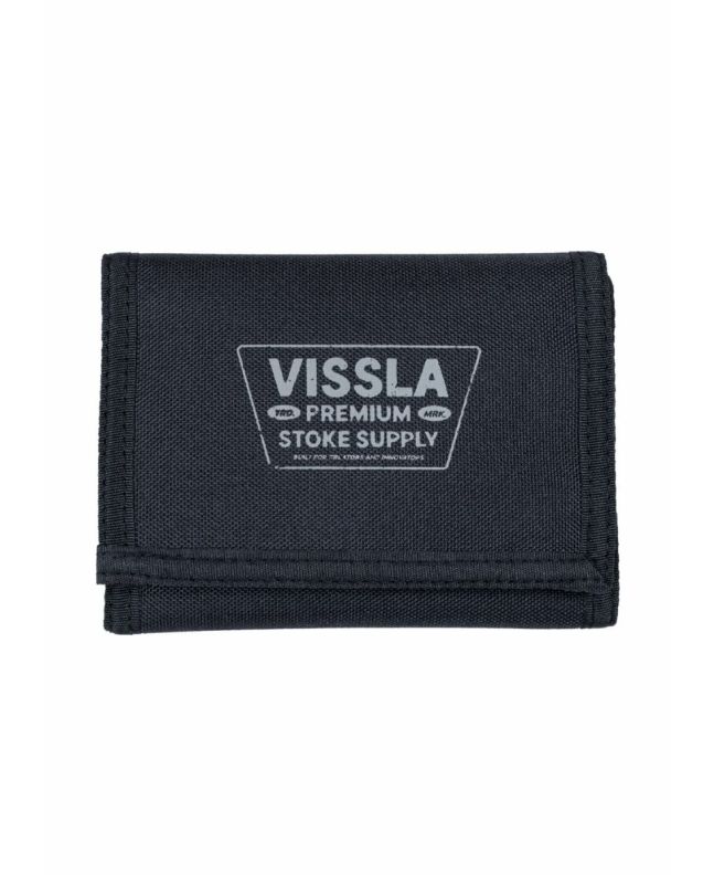 Cartera Vissla Stoke Supply Wallet negra para hombre, triple pliegue y cierre de velcro