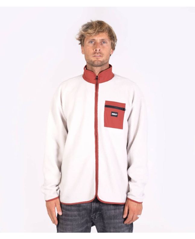 Hombre con chaqueta Sherpa Hurley Byron Burrrito Track Zip blanca con detalles en rojo