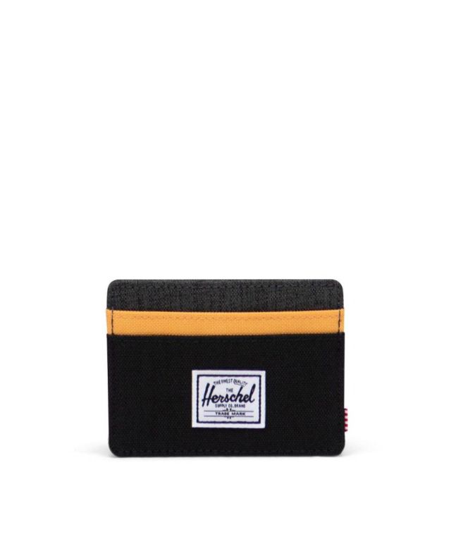 Cartera Tarjetero Herschel Supply Company Charlie color negro franja amarilla Frontal