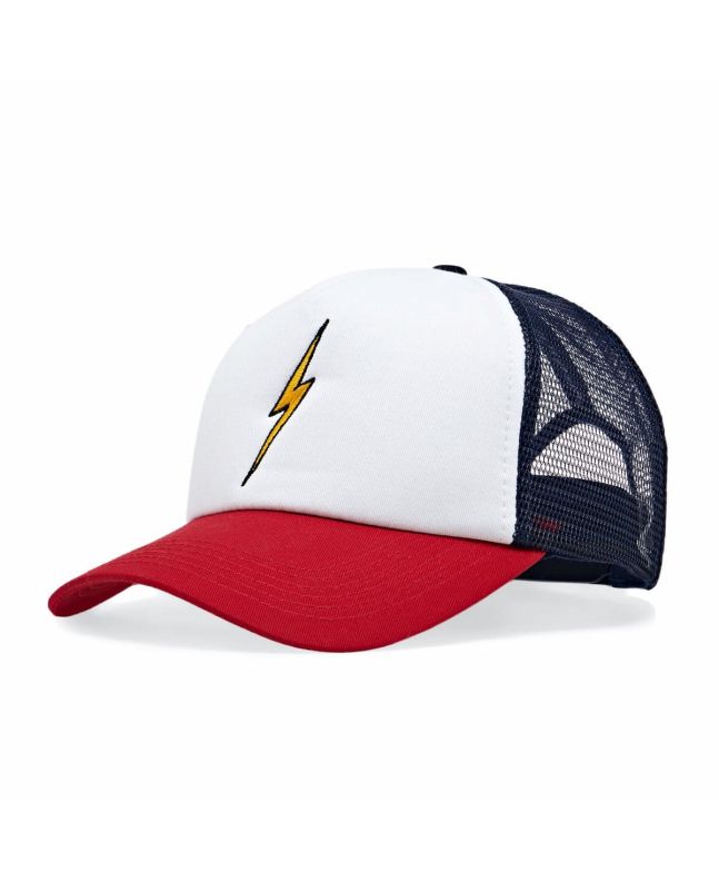 Gorra de malla Lightning Bolt Bolt Trucker blanca, roja y azul Unisex