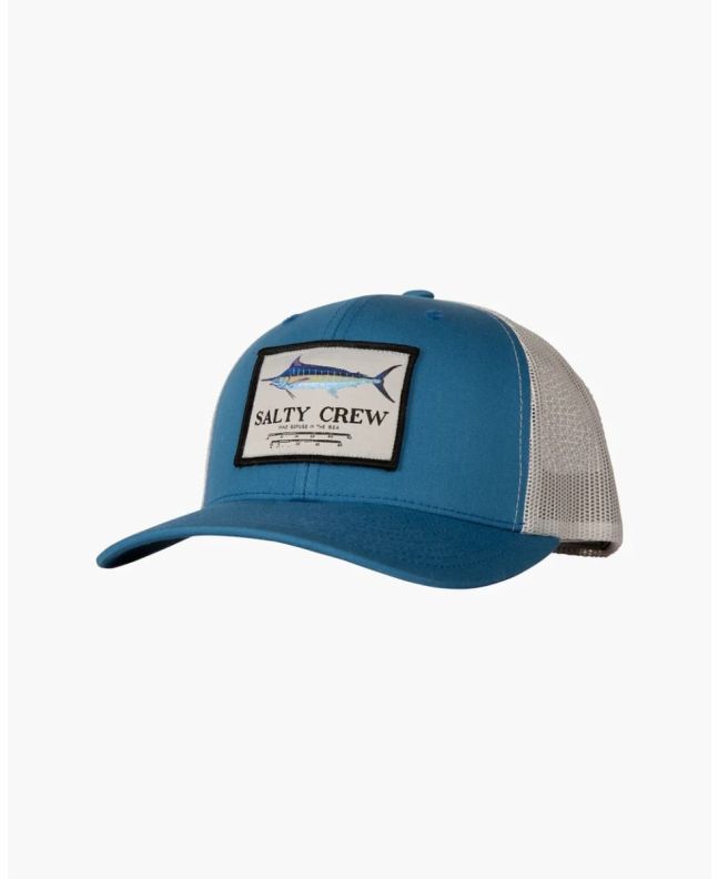 Gorra de malla Salty Crew Marlin Mount Retro Trucker azul y gris plateado para hombre