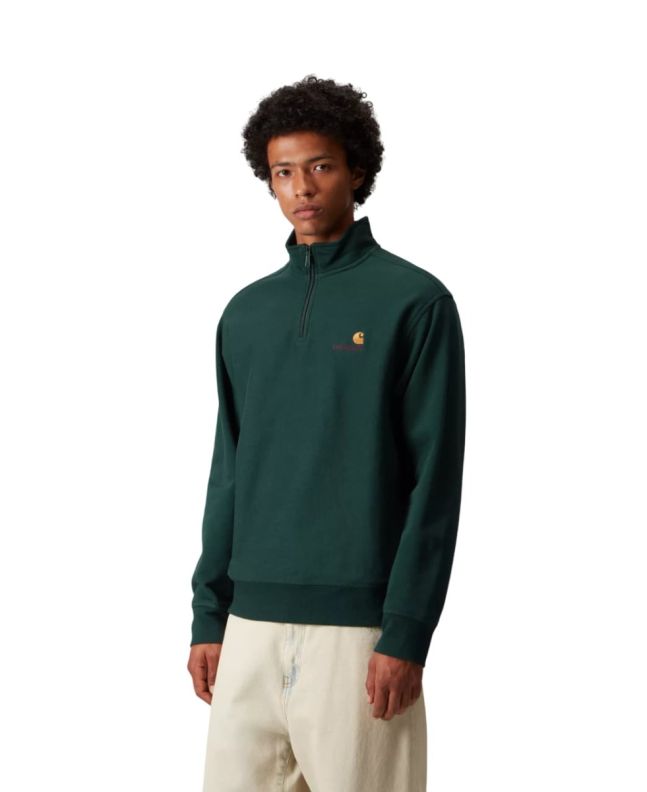 Hombre con sudadera de cremallera parcial Carhartt WIP American Script Verde Dark Fir