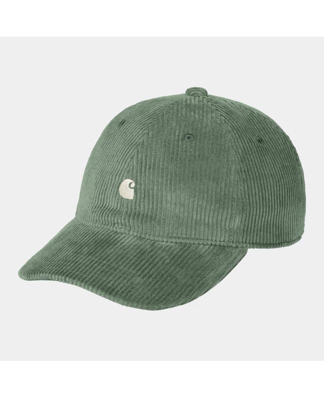 Gorra de pana verde Carhartt WIP Harlem Cap Park-Wax con logo bordado blanco cera y visera curva