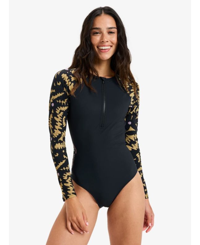 Licra de surf Roxy mujer con manga larga y cremallera negra con estampado floral