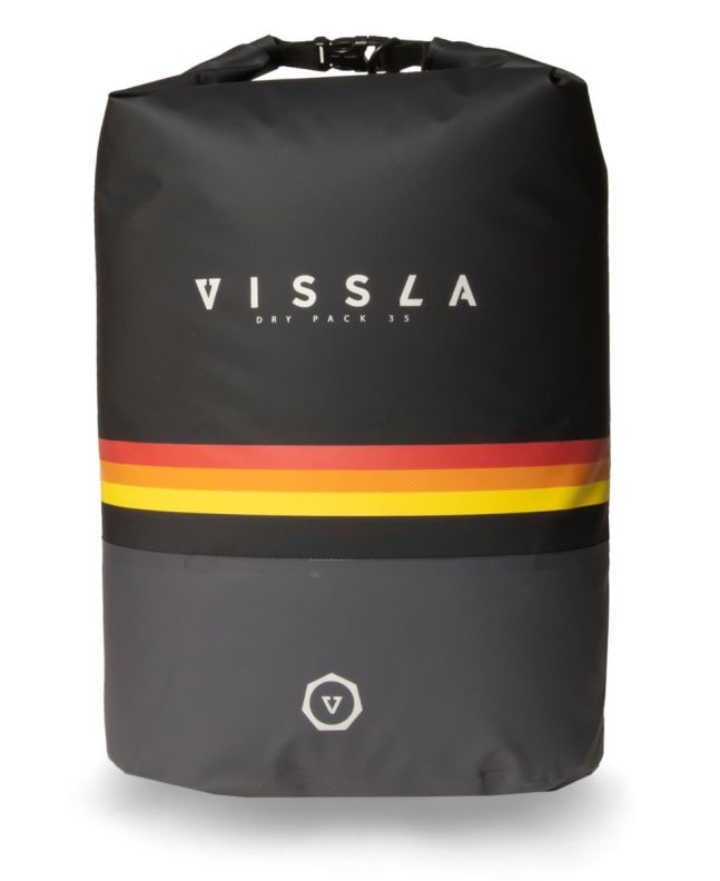 Mochila estanca Vissla 7 Seas 35L Dry Pack negra con una franja roja, naranja y amarilla